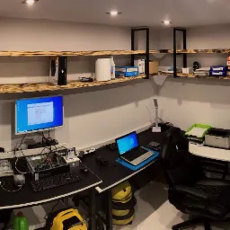 Szeroki kadr na stanowisko pracy serwisanta komputerowego: rozłożony komputer stacjonarny na biurku, obok narzędzia, laptop i monitor z uruchomionym systemem operacyjnym; w tle półki z akcesoriami...