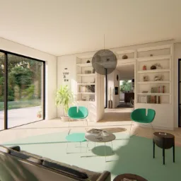 Jasne wnętrze salonu z dużym oknem na ogród, zielone krzesła i geometryczna lampa wisząca, minimalistyczny design.