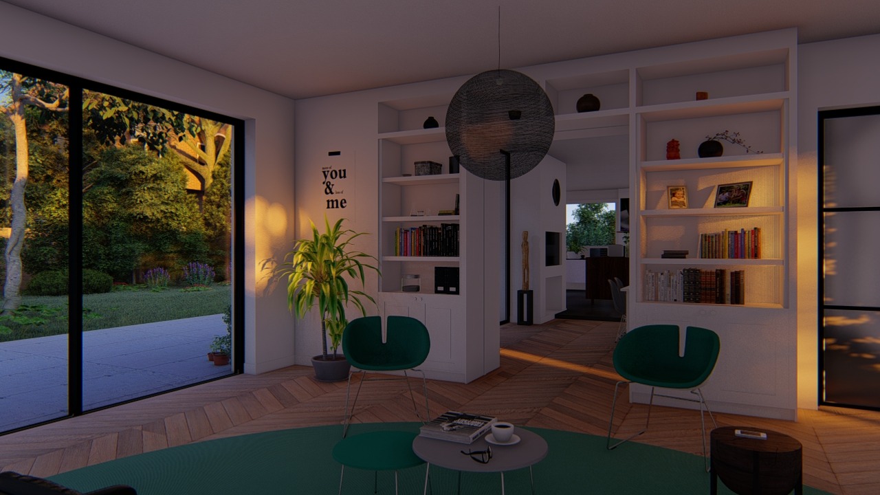 Wnętrze salonu z dużym oknem na ogród, drewnianą podłogą w jodełkę, zielonym dywanem, dwoma zielonymi krzesłami, niskim stolikiem z książkami, okularami i filiżanką kawy, oraz regałem z książkami...