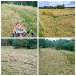 Widok z perspektywy operatora na kosiarkę bijakową podczas pracy na zarośniętej łące, widoczne skoszone pasy i wysoka trawa w tle. Na dwóch pozostałych zdjęciach widać efekt końcowy koszenia łąki...