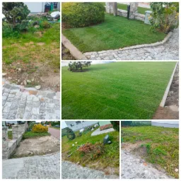 Kompozycja kolażu prezentująca stan ogrodu przed i po założeniu trawnika z rolki, z widocznymi elementami architektury ogrodowej i brukowaną nawierzchnią.