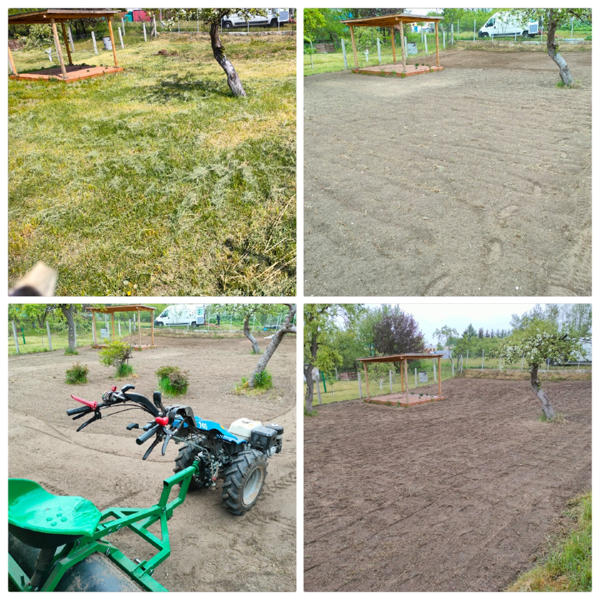 Cztery zdjęcia przedstawiające etapy przygotowania terenu pod ogród: zarośnięta trawa, przekopana ziemia, wyrównana gleba oraz gleba po użyciu walca ogrodowego.