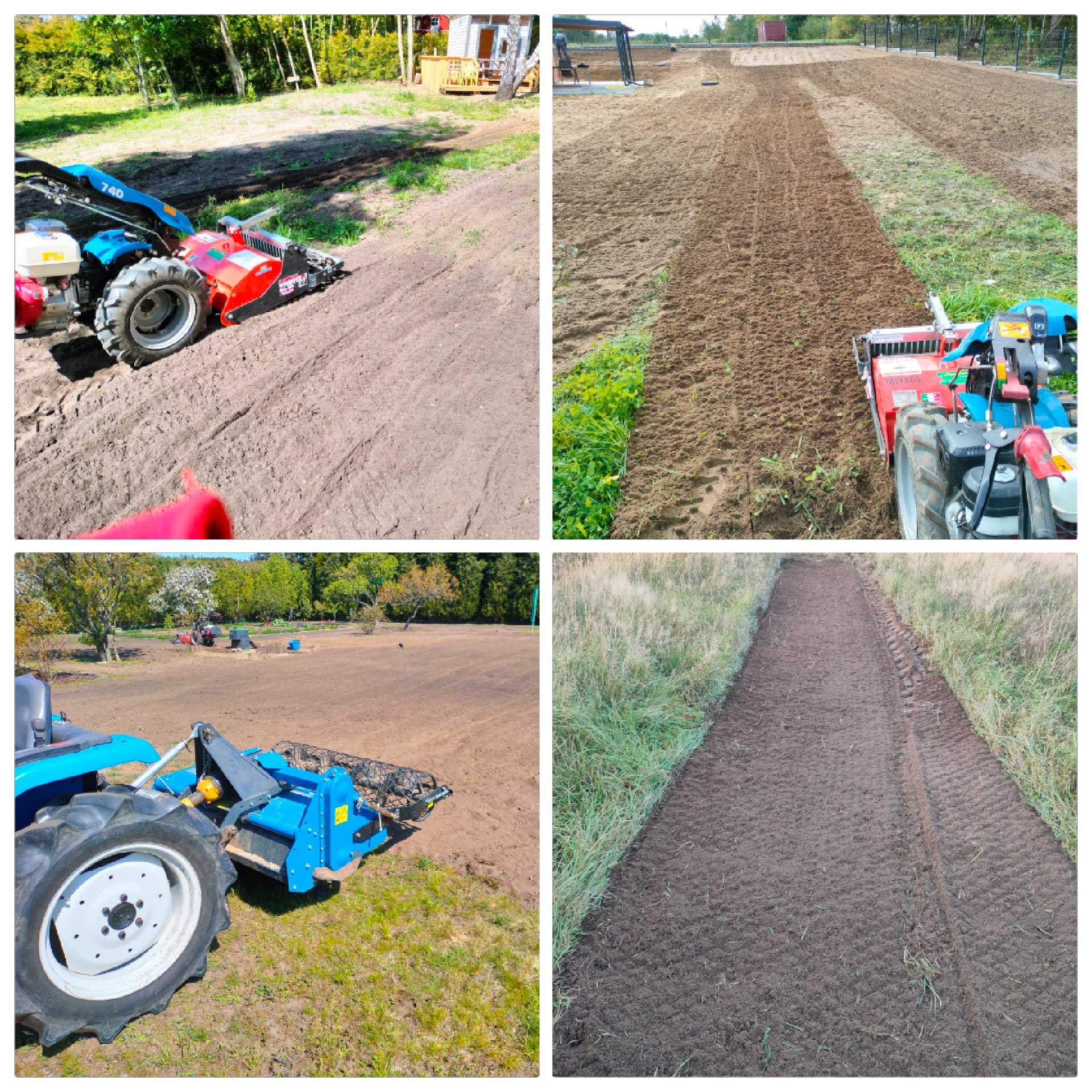 Kompozycja z czterech ujęć: glebogryzarka w trakcie przygotowywania ziemi pod trawnik, świeżo spulchniona ziemia z widocznymi śladami opon, traktor z wałem wyrównującym teren, ziemia przygotowana...