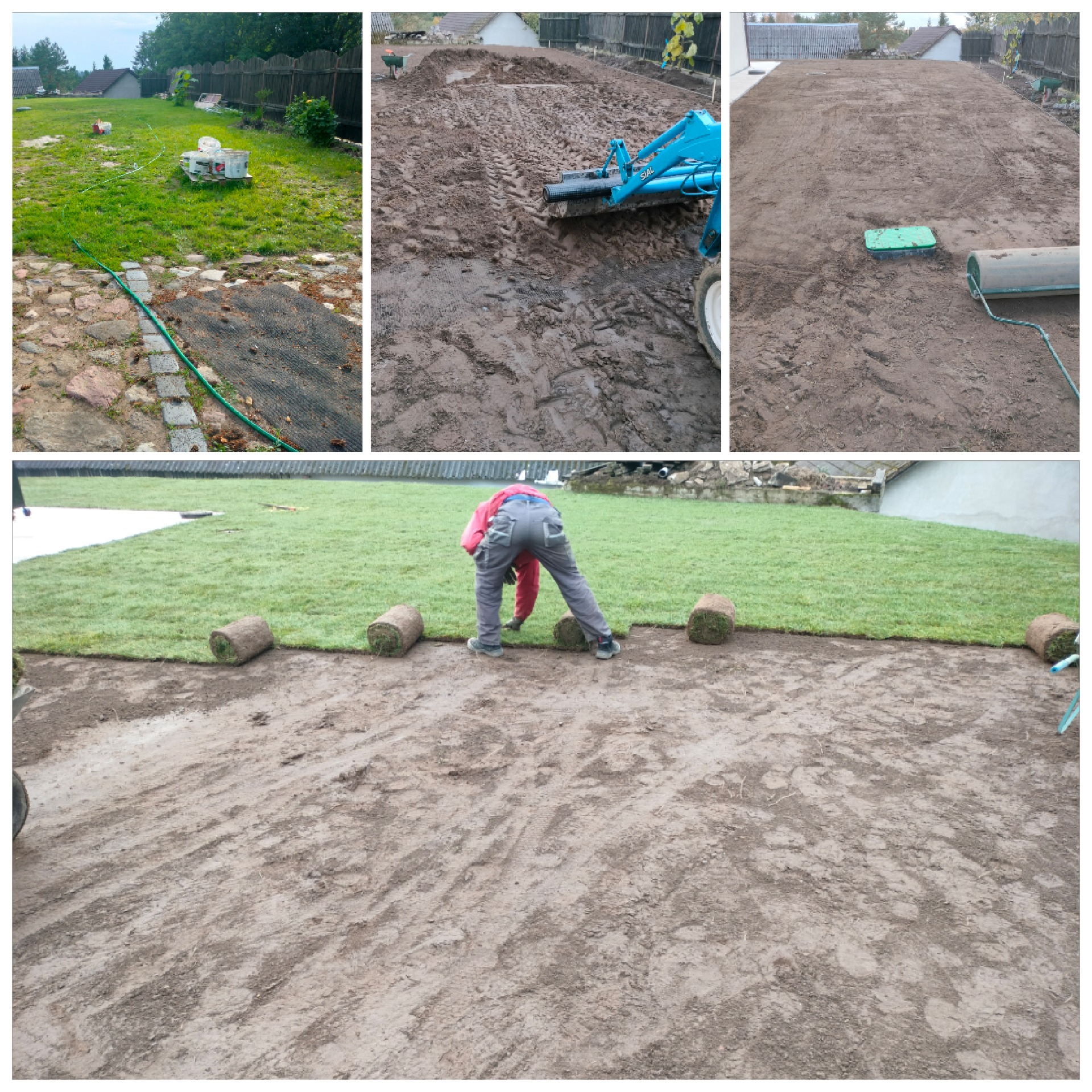 Układanie rolek trawy na przygotowanym podłożu, widoczna maszyna do wyrównywania terenu, walec do trawy i fragment istniejącego trawnika.