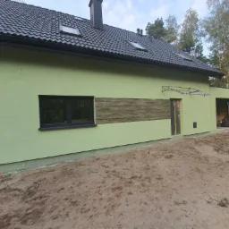 Nowoczesny dom jednorodzinny z zieloną elewacją, czarną dachówką i drewnianym panelem dekoracyjnym na ścianie, widoczny w otoczeniu drzew i piaszczystego terenu.