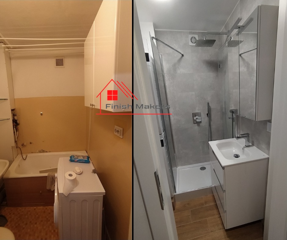 Porównanie łazienki przed i po: po lewej zaniedbana wanna, stara pralka i rury, po prawej nowoczesny prysznic typu walk-in, szafka z umywalką i drewnopodobne płytki podłogowe.