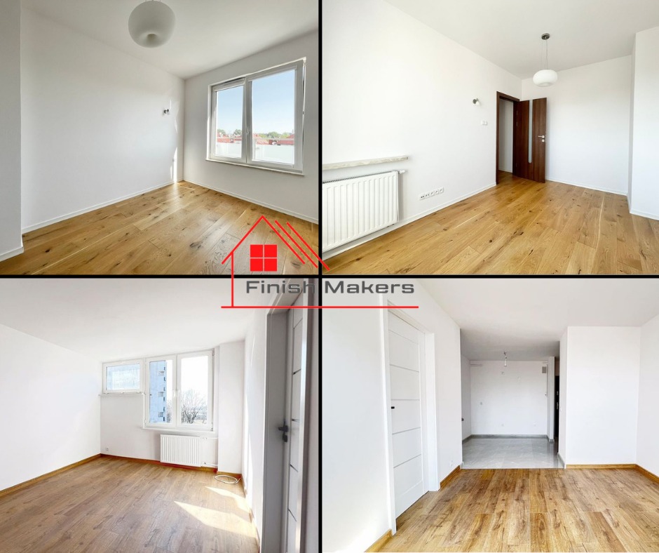 Kolaż czterech ujęć odnowionego mieszkania z drewnianą podłogą, białymi ścianami, grzejnikami i oknami, z widocznym logo firmy na środku.
