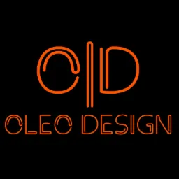 Neonowy logotyp 'CLEO DESIGN' w pomarańczowej kolorystyce na czarnym tle, przedstawiający stylizowaną literę 'C' połączoną z 'D' pionową linią.