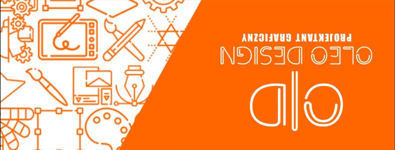 Graficzne ikony narzędzi projektowych, takich jak tablet graficzny, pędzel, ołówek, paleta kolorów i pióro, na białym tle, z pomarańczowym tłem z nazwą firmy 'CLEO DESIGN PROJEKTANT GRAFICZNY' po...