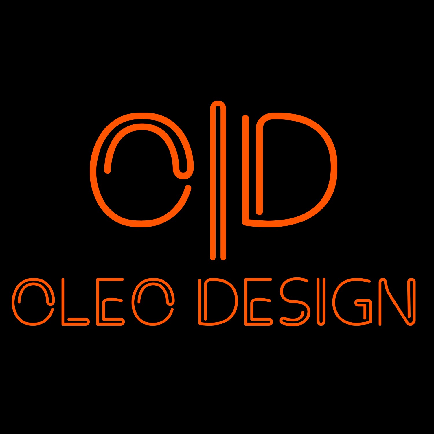 Neonowy logotyp 'CLEO DESIGN' w pomarańczowej kolorystyce na czarnym tle, przedstawiający stylizowaną literę 'C' połączoną z 'D' pionową linią.