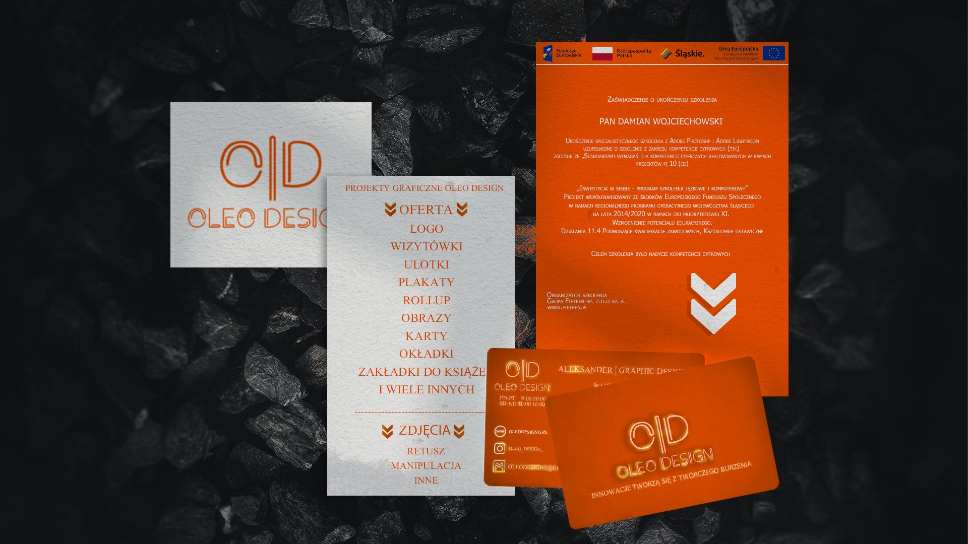 Przykłady projektów graficznych Oleo Design: wizytówki, logo, ulotki, plakaty, rollup, obrazy, karty, okładki, zakładki do książek. Dodatkowo zaświadczenie o ukończeniu szkolenia z Adobe Photoshop...