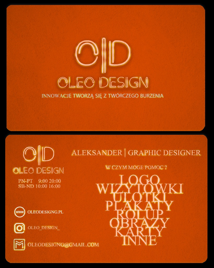 Pomarańczowa wizytówka z neonowym logo 'OD' i hasłem 'Innowacje tworzą się z twórczego burzenia', prezentująca ofertę usług: logo, wizytówki, ulotki, plakaty, rollupy, obrazy, karty i inne.