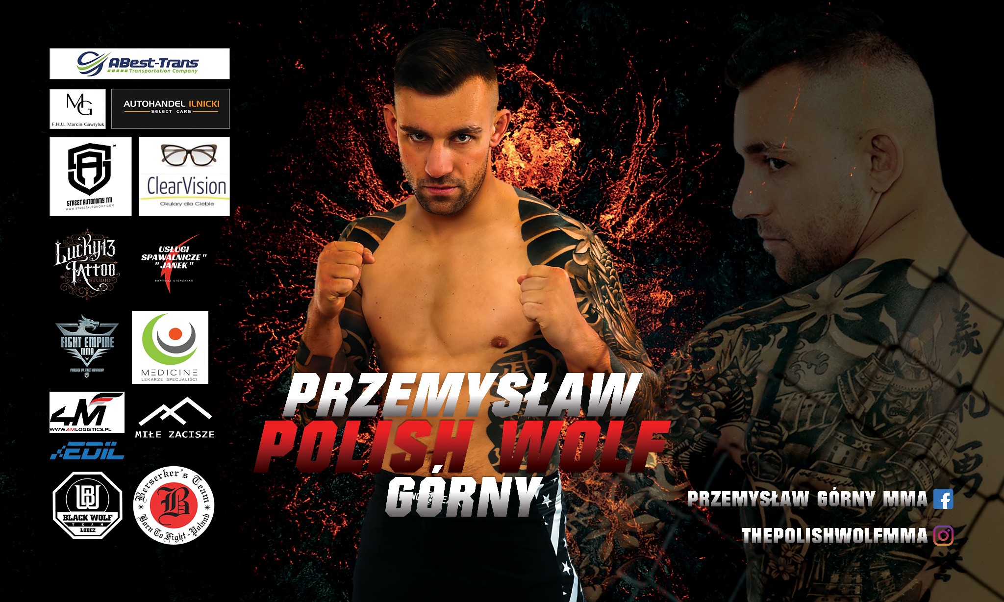 Promocyjne zdjęcie zawodnika MMA z licznymi tatuażami na tle logotypów sponsorów i płomieni.