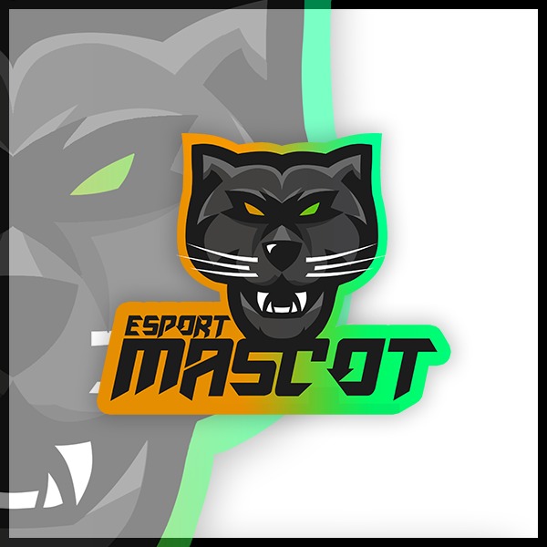 Grafika przedstawia stylizowaną głowę czarnej pantery z żółto-zielonymi obrysami i napisem 'ESPORT MASCOT' poniżej, na szarym tle z konturem pantery.