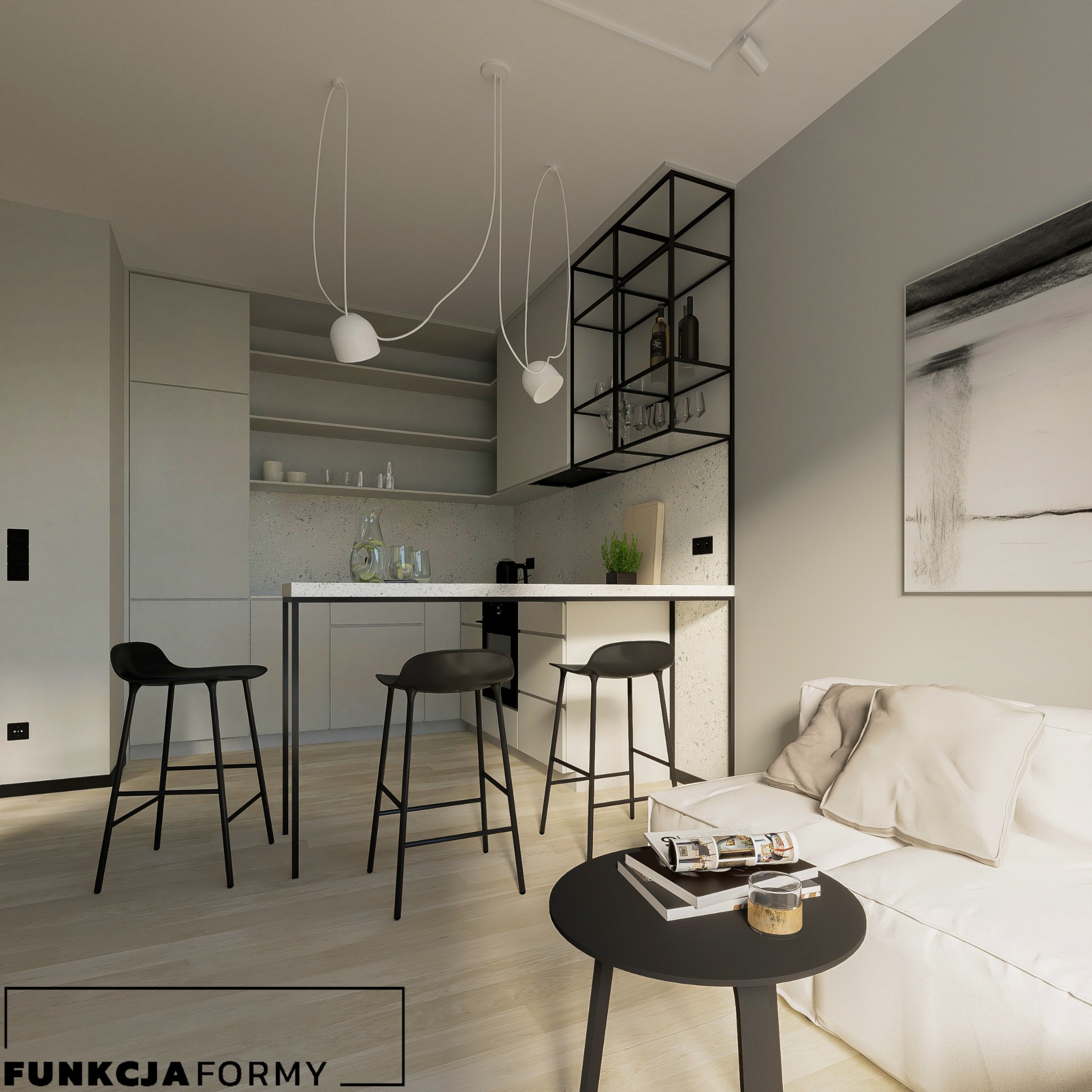 Nowoczesne wnętrze mieszkania z minimalistyczną kuchnią, wyspą z trzema czarnymi hokerami, białą sofą z poduszkami i okrągłym stolikiem kawowym z gazetami, całość w stonowanej kolorystyce.
