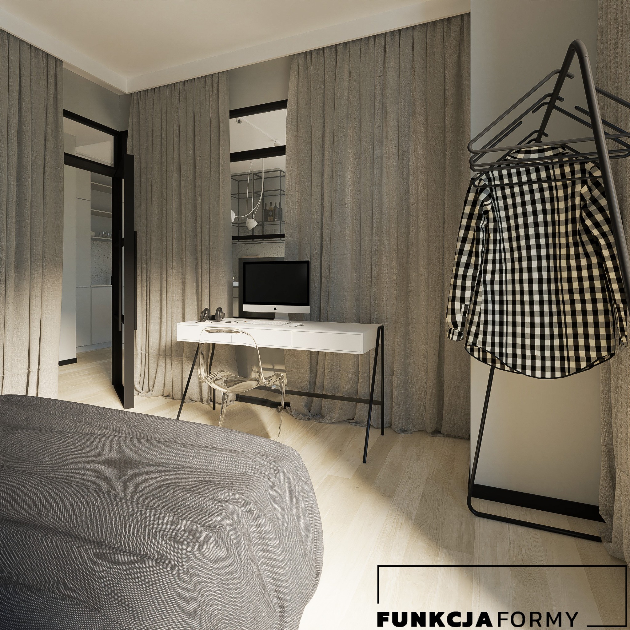 Nowoczesna sypialnia z miejscem do pracy: białe biurko z komputerem, transparentne krzesło, w tle szare zasłony i wieszak na ubrania z koszulą w kratę.
