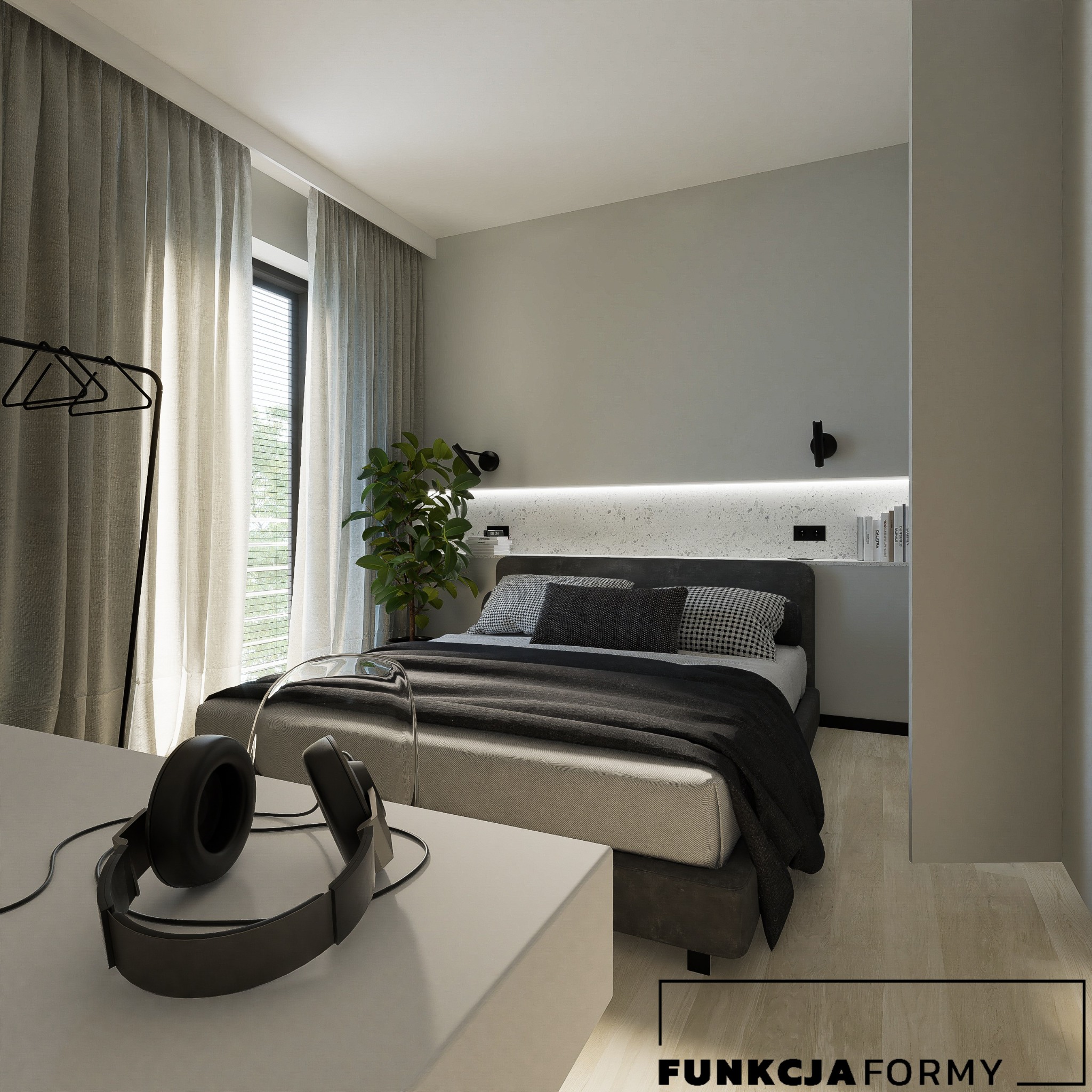 Nowoczesna sypialnia w stonowanych szarościach z łóżkiem, podświetlaną półką nad wezgłowiem, rośliną w doniczce i słuchawkami na stoliku nocnym.