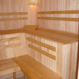 Wnętrze sauny wyłożone jasnym drewnem, z ławkami i oświetleniem, ukazujące schludny i gotowy do użytku stan.