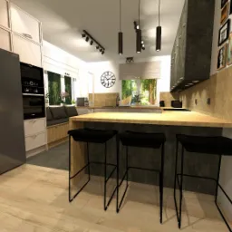 Wizualizacja nowoczesnej kuchni z wyspą i trzema czarnymi hokerami, drewnianym blatem i podłogą, szarą okładziną ściany wyspy, dużym oknem z widokiem na ogród i czarnymi lampami sufitowymi.
