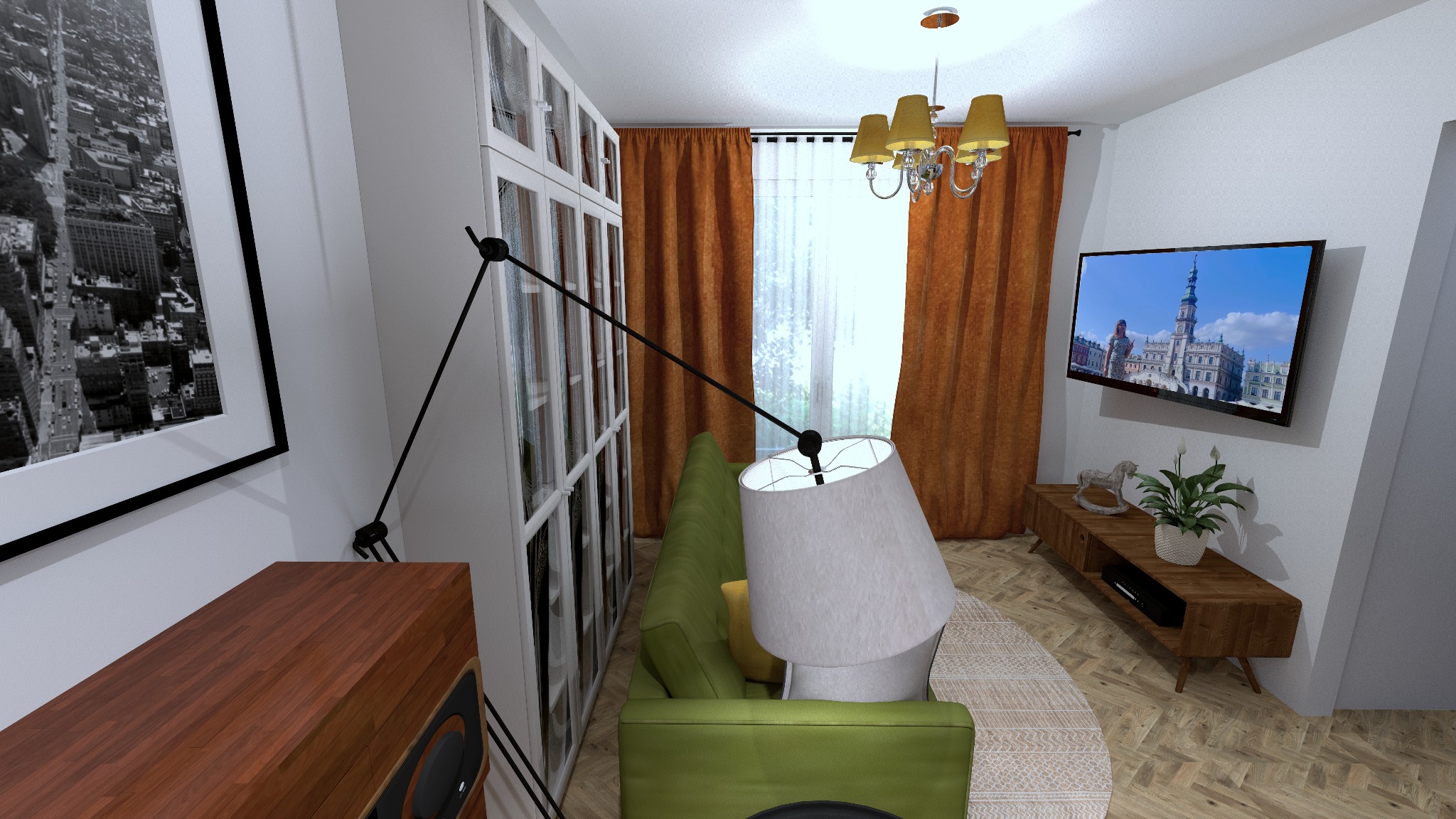 Wizualizacja salonu z zieloną sofą, drewnianą komodą pod telewizorem i lampą podłogową z regulowanym ramieniem.
