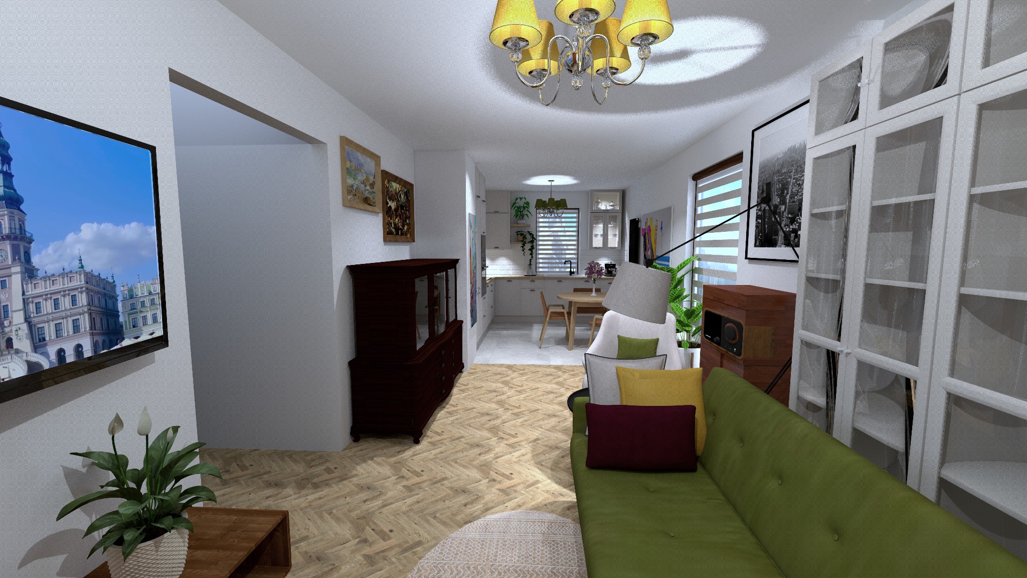 Wizualizacja salonu z aneksem kuchennym, parkiet w jodełkę, zielona sofa z kolorowymi poduszkami, ciemna komoda, telewizor z widokiem na miasto, biały regał z przeszkleniami.