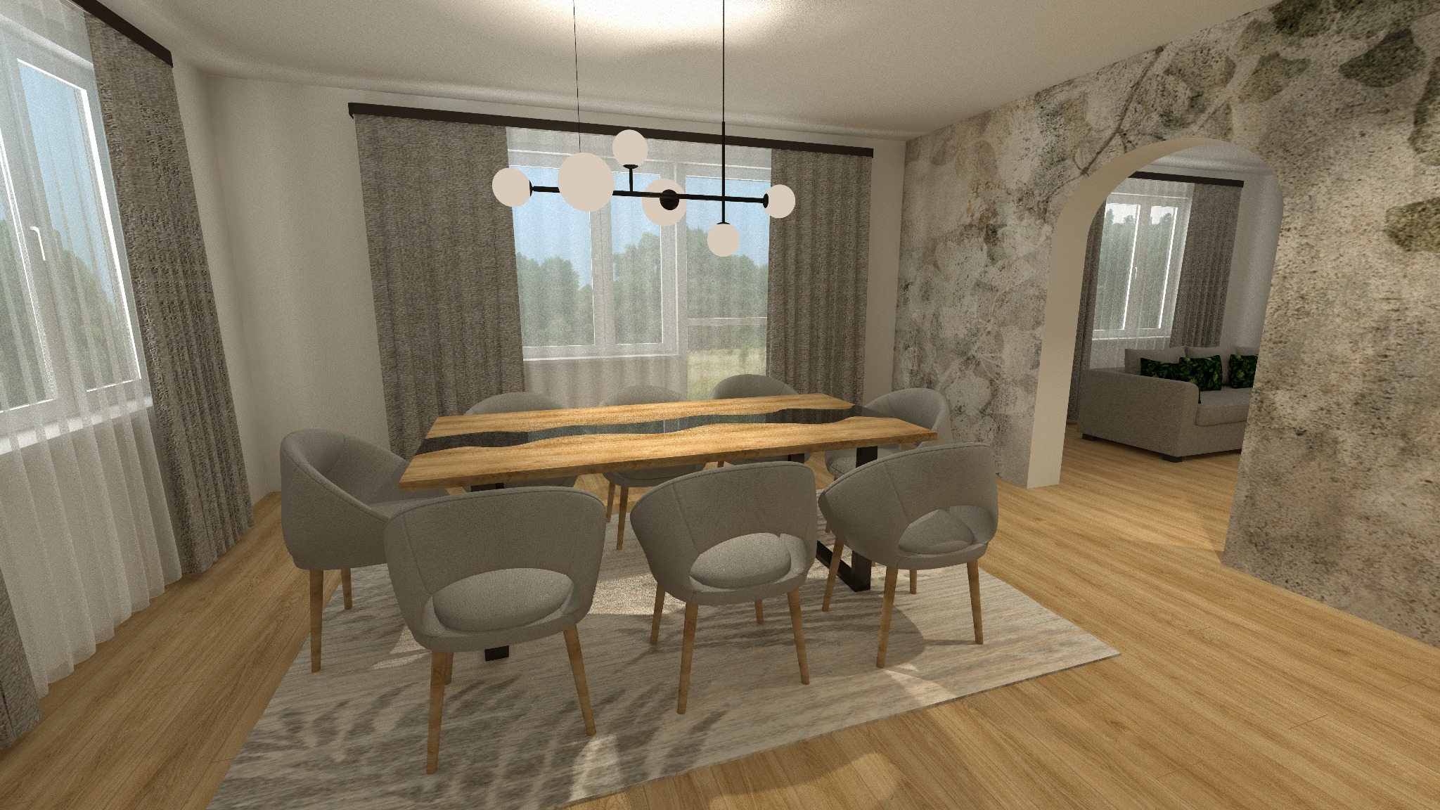 Jadalnia z drewnianym stołem z żywicą, szare krzesła, lampa sufitowa z kulami, ściana z efektem kamienia i widok na salon przez łuk.