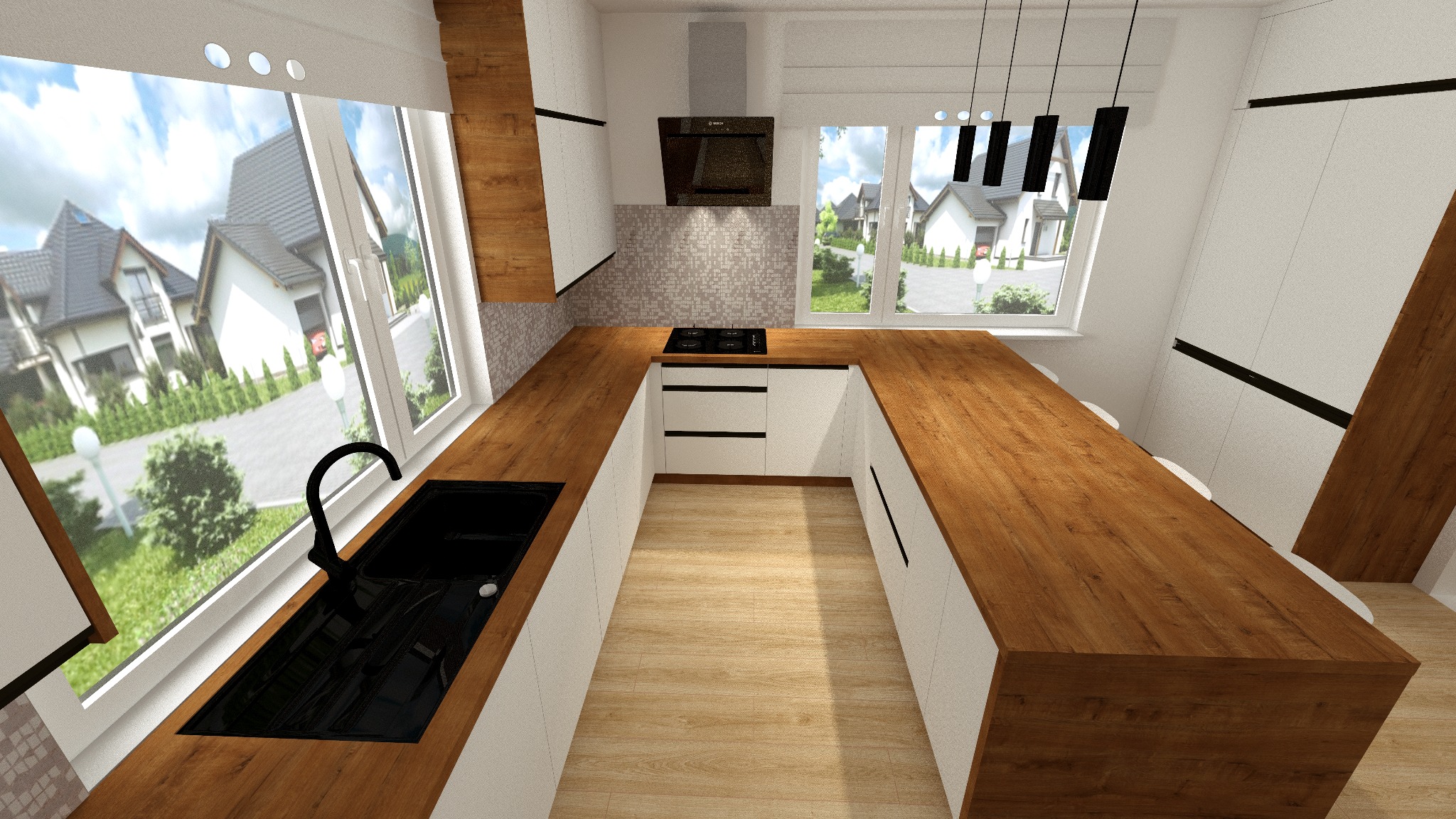 Wizualizacja kuchni z drewnianym blatem, czarnym zlewem pod oknem i białymi szafkami, z widokiem na domy za oknem.