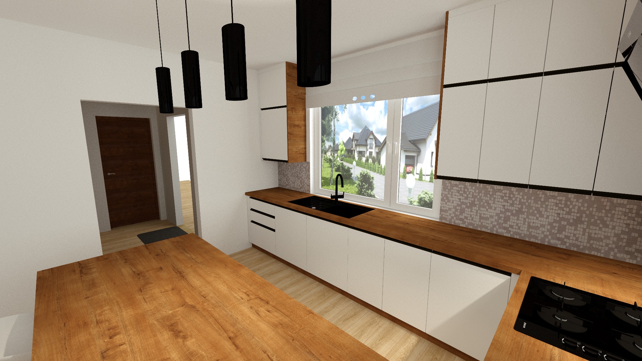 Wizualizacja kuchni z białymi szafkami, drewnianym blatem i czarnymi lampami wiszącymi, z widokiem na domy za oknem.