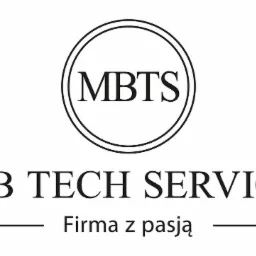 Logo firmy MB Tech Service z hasłem 'Firma z pasją' w czerni i bieli, okrągły element graficzny z inicjałami MBTS u góry.