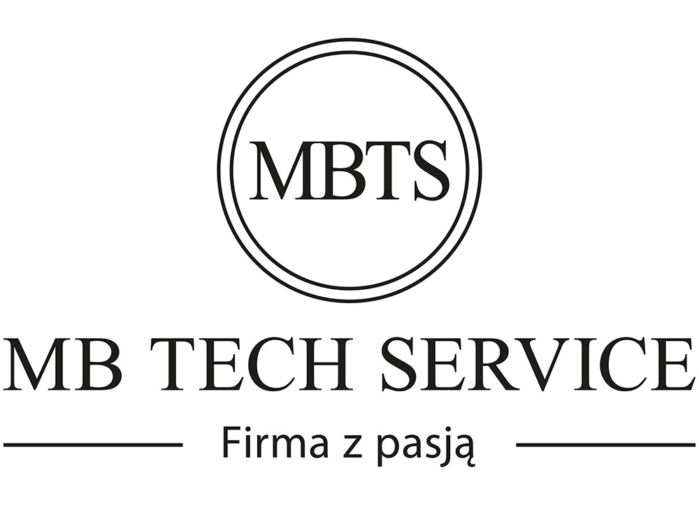 Logo firmy MB Tech Service z hasłem 'Firma z pasją' w czerni i bieli, okrągły element graficzny z inicjałami MBTS u góry.