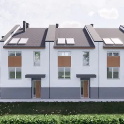 Wizualizacja szeregu domów jednorodzinnych z białymi elewacjami, szarym cokołem i ciemnymi dachami, widoczne okna dachowe, osoba i samochód na podjeździe