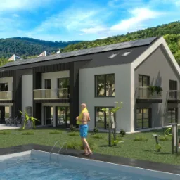 Wizualizacja nowoczesnych domów dwukondygnacyjnych z panelami słonecznymi na dachu, basenem, siłownią zewnętrzną i zielenią w Wiśle, na tle gór.