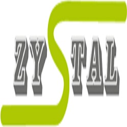 Logo firmy ZYSTAL z zielonym, falistym elementem graficznym, imitującym stalową rurę, nad napisem, szare cieniowanie liter.