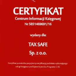 Certyfikat Centrum Informacji Księgowej dla TAX SAFE Sp. z o.o. potwierdzający pozytywną weryfikację usług księgowych.
