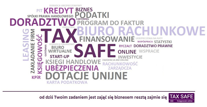 Grafika słowna z hasłami związanymi z finansami i podatkami, w odcieniach fioletu i szarości, z dominującymi słowami 'TAX', 'SAFE' i 'BIURO RACHUNKOWE'.