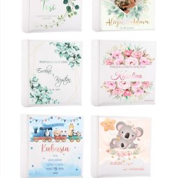 Renata Czarniecka - Kolaż z ośmiu projektów okładek albumów fotograficznych z różnymi motywami: chrzest, ślub, narodziny dziecka, z imionami i datami, prezentowane przez Agred Artykuły Fotograficzne.