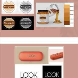 Renata Czarniecka - Projekt identyfikacji wizualnej: logo Honeyopolis w różnych wariantach kolorystycznych i na różnych tłach, wizualizacja słoika miodu z etykietą oraz paleta kolorów, a także logo LOOK na etui i...