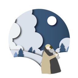 Renata Czarniecka - Stylizowana ilustracja przedstawiająca parę obejmującą się na tle zimowego krajobrazu z choinkami, chmurami i księżycem, utrzymana w odcieniach bieli, szarości i niebieskiego, przypominająca...