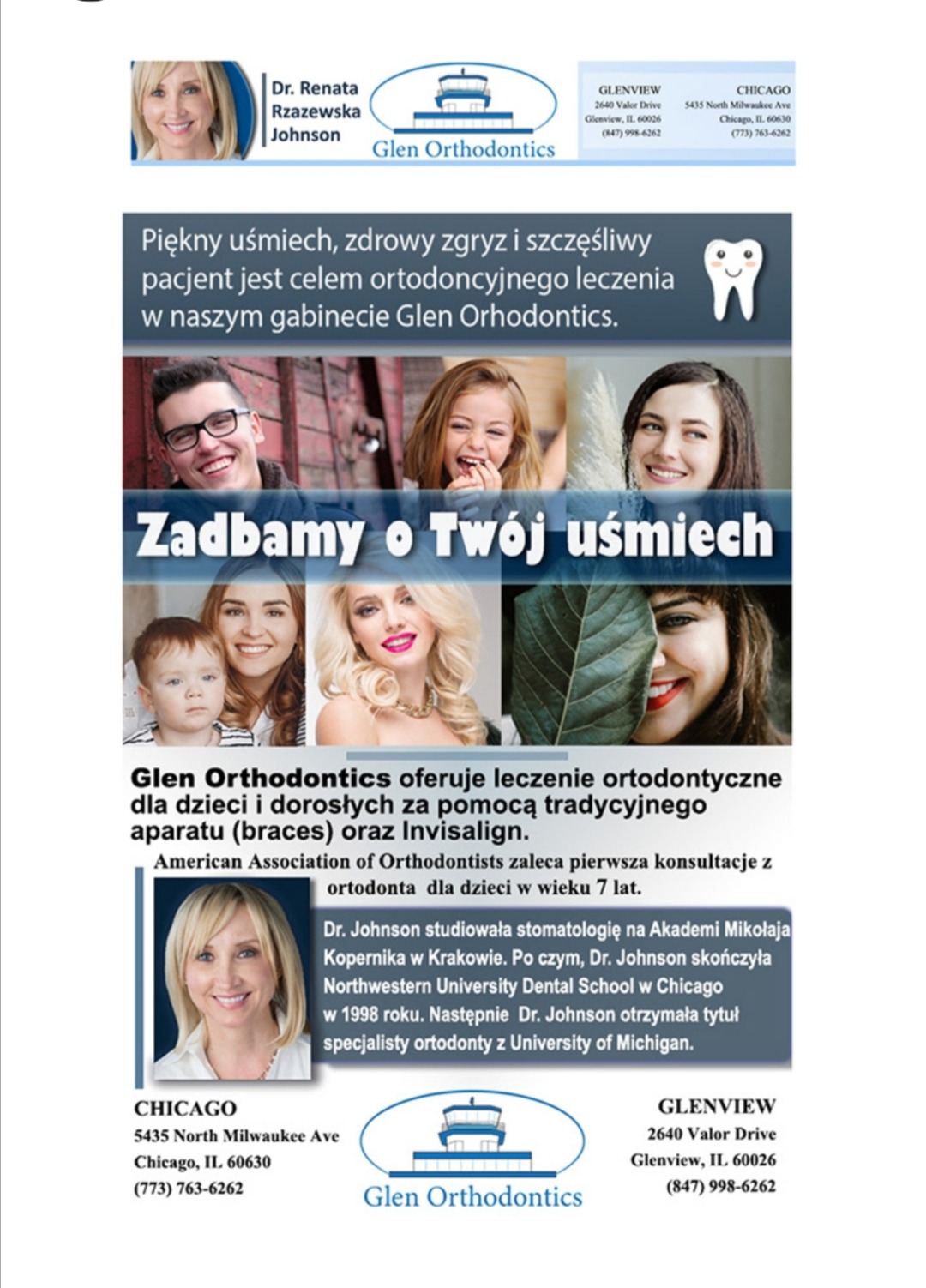 Plakat reklamowy gabinetu ortodontycznego Glen Orthodontics z uśmiechniętymi pacjentami, informacjami o ofercie leczenia ortodontycznego dla dzieci i dorosłych oraz danymi kontaktowymi do placówek...