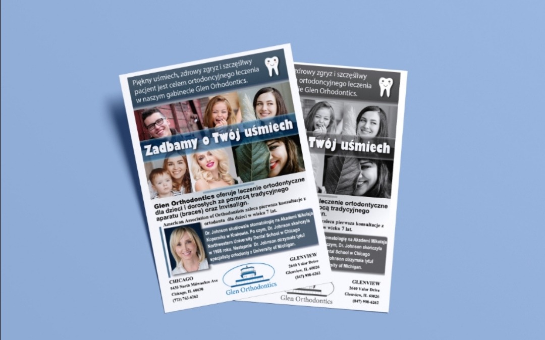 Dwa ulotki reklamowe gabinetu ortodontycznego Glen Orthodontics, prezentujące zdjęcia uśmiechniętych pacjentów i informacje o leczeniu ortodontycznym dla dzieci i dorosłych, w tym aparaty...