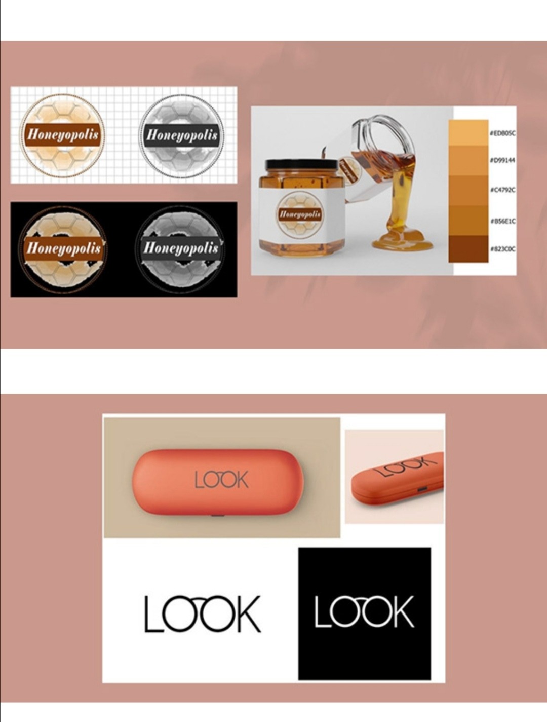 Projekt identyfikacji wizualnej: logo Honeyopolis w różnych wariantach kolorystycznych i na różnych tłach, wizualizacja słoika miodu z etykietą oraz paleta kolorów, a także logo LOOK na etui i...