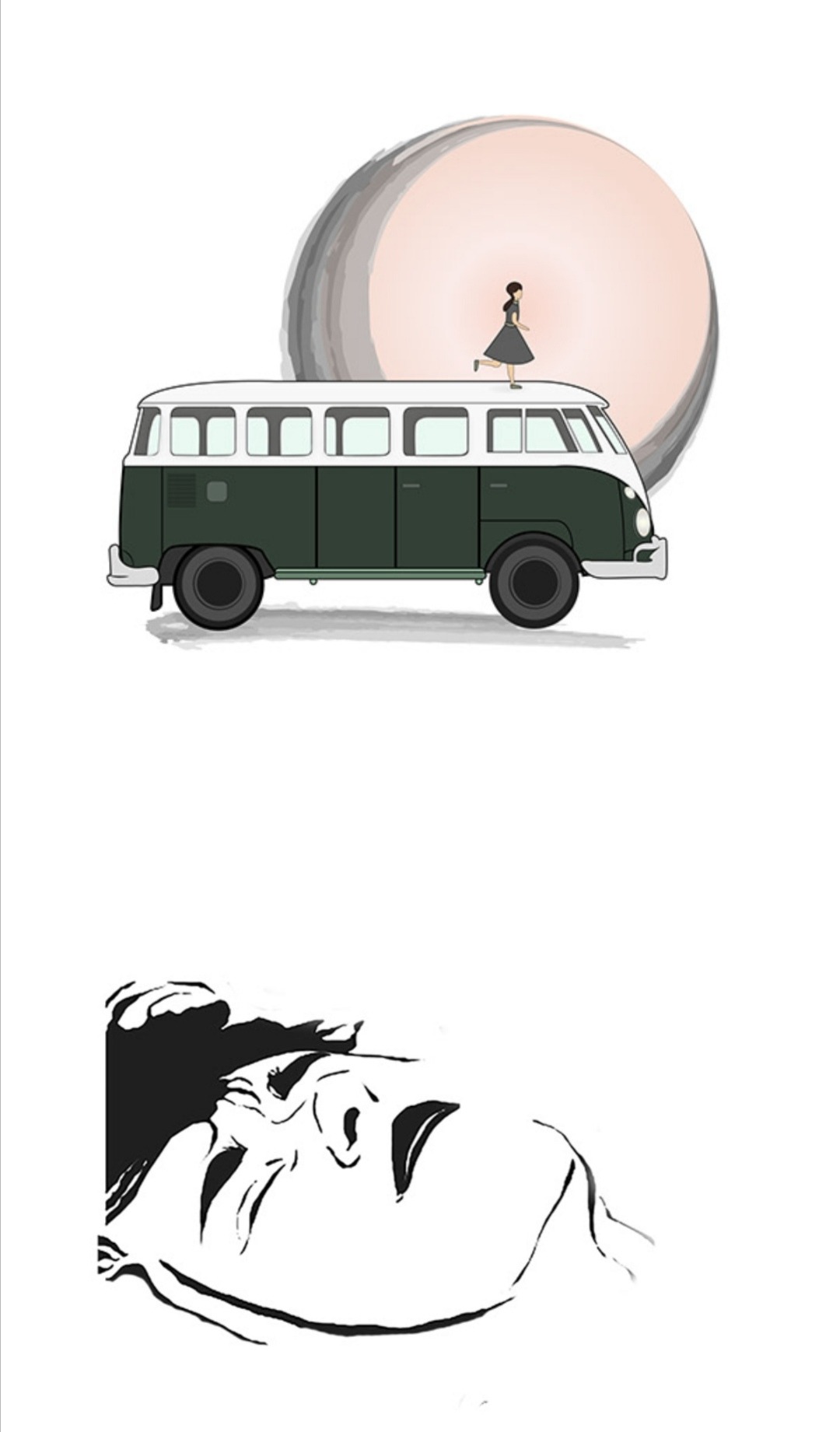Stylizowana ilustracja przedstawiająca zielono-białego Volkswagena Transportera z sylwetką kobiety biegnącej po dachu, na tle okrągłego, rozmytym kształtu przypominającego księżyc, oraz szkic...
