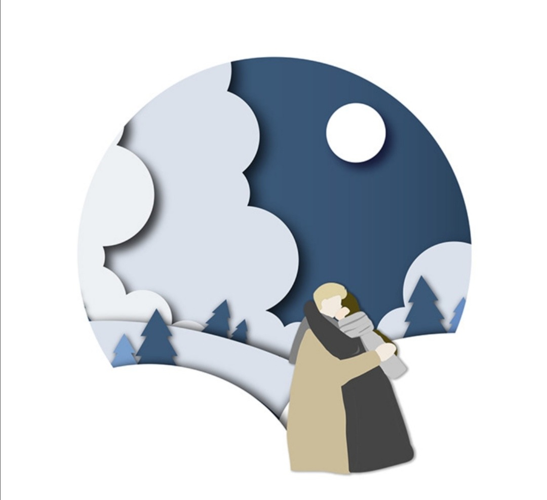 Stylizowana ilustracja przedstawiająca parę obejmującą się na tle zimowego krajobrazu z choinkami, chmurami i księżycem, utrzymana w odcieniach bieli, szarości i niebieskiego, przypominająca...