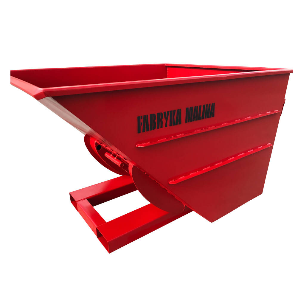 Czerwony, metalowy kontener z napisem 'FABRYKA MALINA', na białym tle, przeznaczony do magazynowania lub transportu materiałów sypkich.