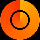 Abstrakcyjne logo w odcieniach pomarańczy z czarnym okręgiem w środku. Gradientowe przejścia kolorów tworzą dynamiczny efekt wizualny.