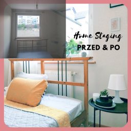 Plan na Wnętrze - Pokój z drewnianym łóżkiem: widok przed i po metamorfozie, z naciskiem na poprawę estetyki i funkcjonalności, uwzględniając oświetlenie i dodatki.