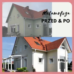 Dom jednorodzinny przed i po renowacji: od zielonego z zarośniętym ogrodem do jasnego z nową elewacją, pergolą i uporządkowanym terenem.