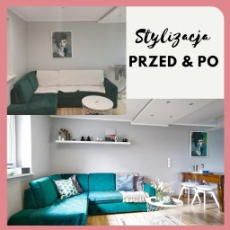 Plan na Wnętrze - Porównanie salonu przed i po: zielona sofa narożna z poduszkami, stolik kawowy z metalową podstawą, półka ścienna z dekoracjami, obraz na ścianie, jasne panele podłogowe.