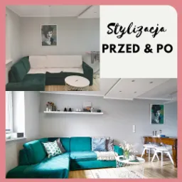 Porównanie salonu przed i po: zielona sofa narożna z poduszkami, stolik kawowy z metalową podstawą, półka ścienna z dekoracjami, obraz na ścianie, jasne panele podłogowe.