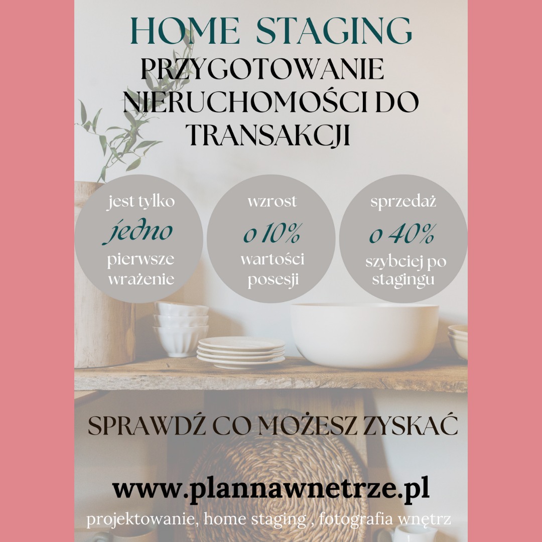 Grafika reklamowa z hasłem Home Staging, informująca o przygotowaniu nieruchomości do transakcji, prezentująca wzrost wartości posesji o 10% i szybszą sprzedaż o 40% po stagingu, z adresem strony...